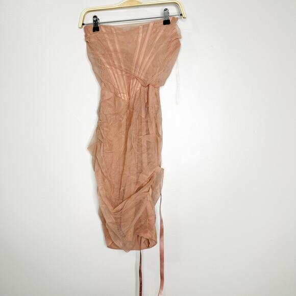House of CB Leila Strapless Blush Mesh Shirred Bodycon Mini Dress Cream Size XS - Picture 3 of 12